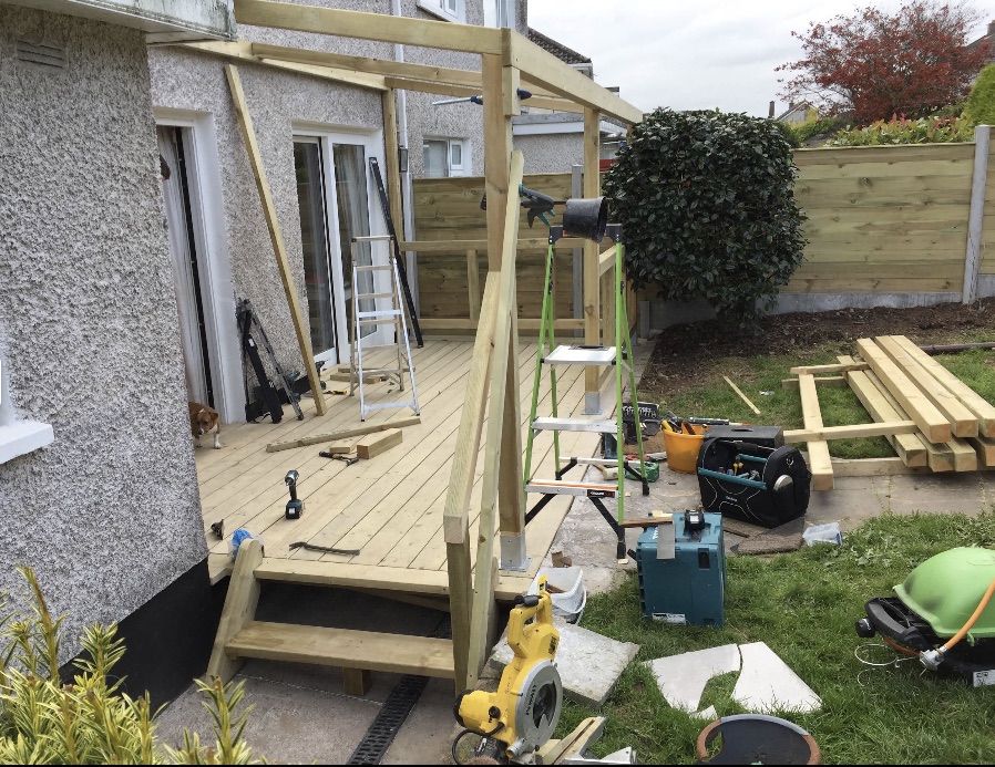 Deck and pergola build in progress at a Cork home